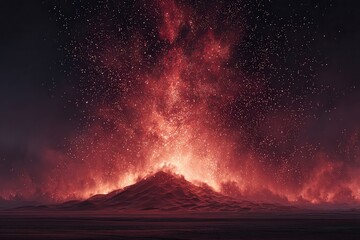 Fototapeta premium Erupting Volcano: A dramatic visualization of a volcano in the midst of a powerful eruption, spewing fiery lava and ash into the night sky, showcasing nature's raw and destructive power.