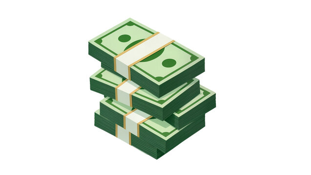 Stack of green dollar bills bound with white paper, isolated on transparent background