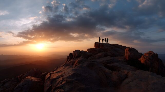 A small group of people stand in silhouette on a rugged peak overlooking a vast landscape during a dramatic sunset