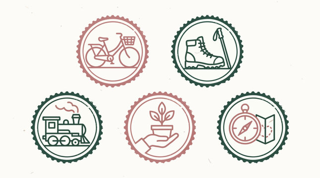 Collection of Circular Vintage Travel Stamps and Slow Living Icons Featuring Bicycle, Hiking Boots, Steam Train, Sustainable Plant Growth, and Navigation Compass for Eco-Friendly Touris