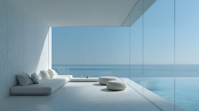 Empty White Interior with Ocean Horizon Through Windows