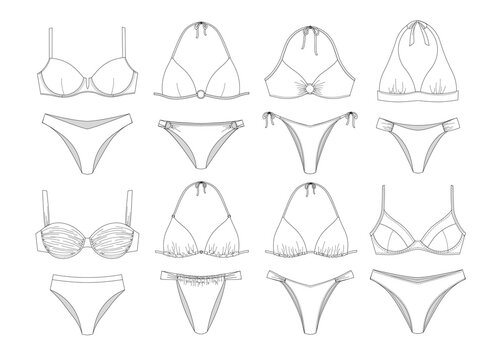Variety of women's bikini designs - front, back, and different styles illustrated vector illustration