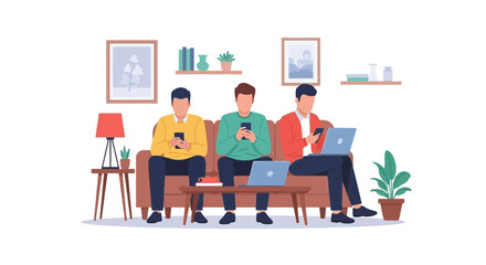 Fototapeta premium Young People Using Smartphones and Laptop in Cozy Living Room