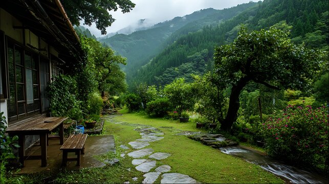 Traditional Japanese Garden with Pond and Stone Steps