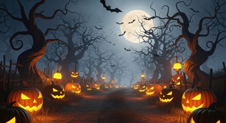 Fototapeta premium Spooky Halloween night with glowing jack-o-lanterns in a haunted forest