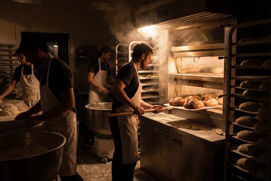 Artisan Bakery 4AM Night Bakers Loading Fresh Sourdough Bread into Deck Oven Dramatic Golden Light Steam