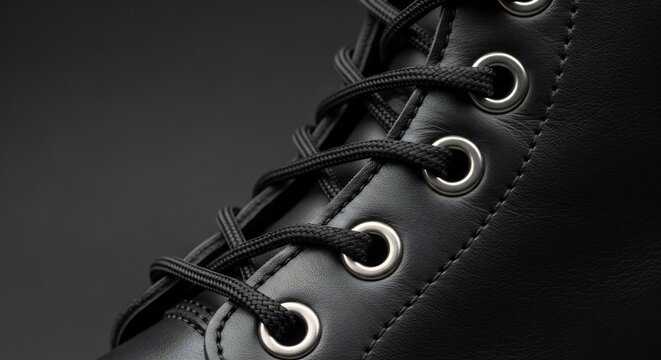 Close-up of Black Leather Boot Laces and Eyelets.