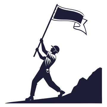 Worker raising flag on mountain achievement concept.