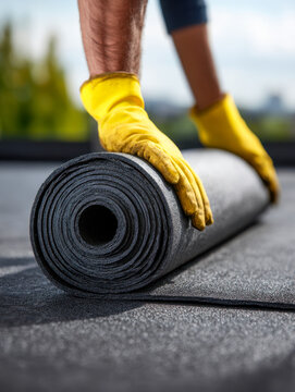 Worker wearing yellow gloves carefully unrolling black waterproof roofing membrane on a flat roof surface during installation on a bright day outdoors
