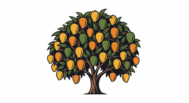 A stylized mango tree laden with ripening yellow, orange, and green fruits