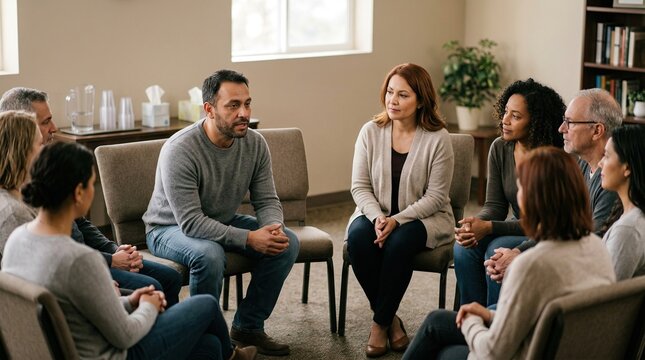 Group therapy session with diverse participants in a supportive setting  