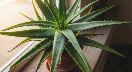 Obraz premium Potted aloe vera plant with thick green succulent leaves in natural light