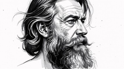 Fototapeta premium Black and white artistic portrait of an elderly man with a long beard and flowing hair in a thoughtful pose suitable for editorial and creative projects