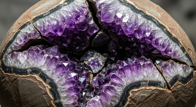Vivid amethyst crystal geode cracking open with deep purple hues and natural texture