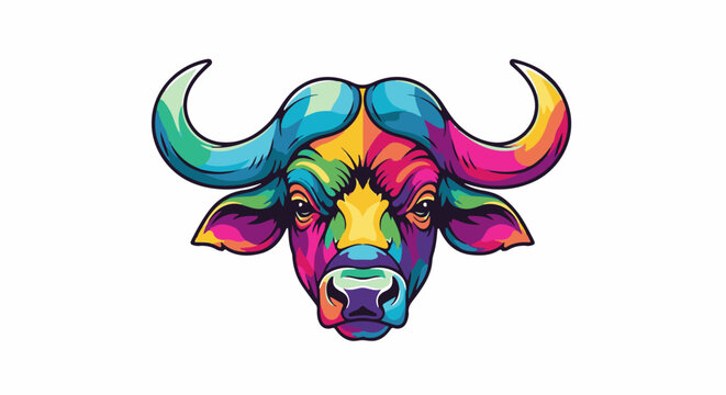 A vibrant, colorful portrait of a bull's head with large, curved horns