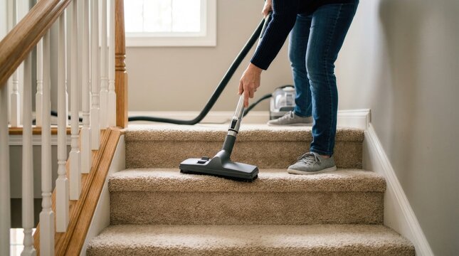 Person vacuuming stairs with a vacuum cleaner in a home interior  