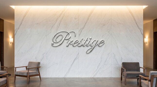 Elegant 'Prestige' sign on a luxurious marble wall in a modern corporate reception area with contemporary seating and warm, inviting lighting.