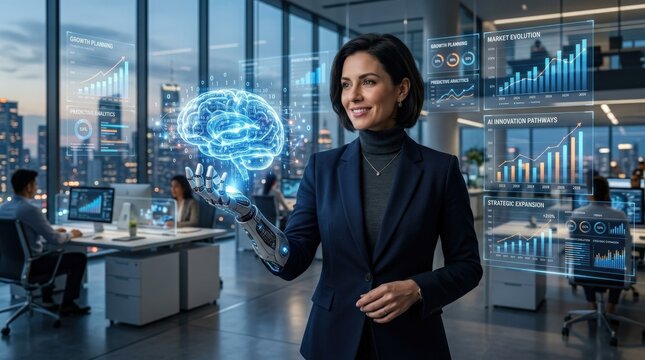 An AI-themed business portrait with a cyborg hand holding a glowing brain made of data streams, futuristic office background, predictive analytics and growth planning visuals, sleek and visionary