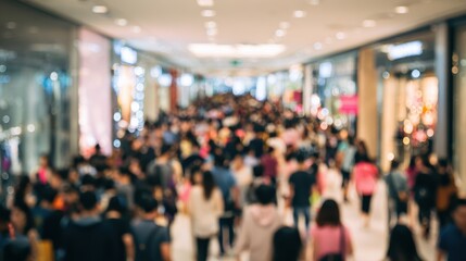 Fototapeta premium Abstract blurred photo of many people shopping inside department store or modern shopping mall. Urban lifestyle and black Friday shopping, motion, speed, blurred, group, city, modern