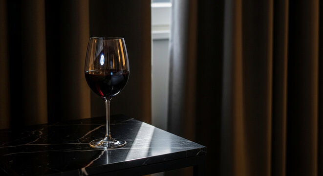 Elegant glass of red wine on modern table with soft natural lighting