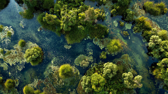 Aerial view of a lush green wetland ecosystem with scattered trees and water channels.