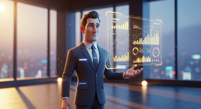 CEO of a tech startup in an ultra-realistic cartoon style, elegant futuristic suit, holographic control panel floating beside him, cinematic lighting.