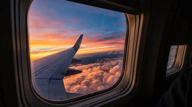 An airplane window view of radiant sunset sky hues during flight, glowing clouds and fading horizon light creating depth and calm, serene travel atmosphere, ultra-realistic, no logos.
