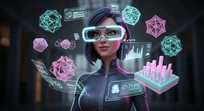An ultra-realistic female AI engineer in a cartoon style, sporting stylish futuristic glasses with holographic data reflections, and transparent holographic interface panels floating around her.