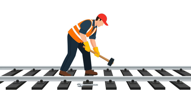 Railway worker repairing tracks with a hammer on a white background