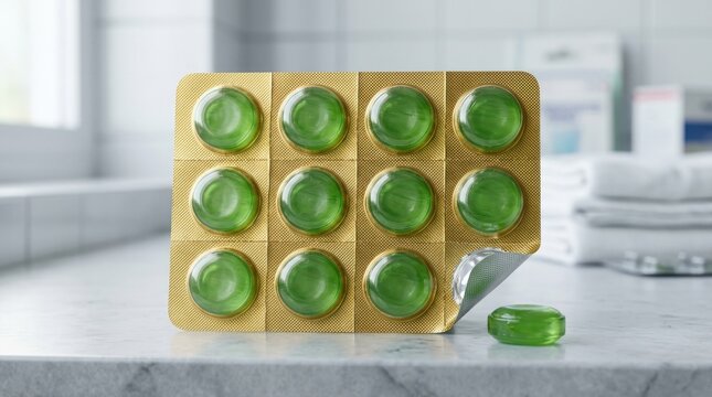 Green cough drops in a gold blister pack, glossy medicinal lozenges and clean healthcare product styling for sore throat relief, ultra-realistic, no logos.