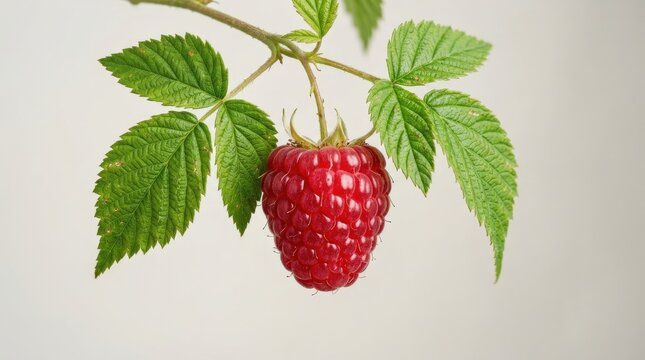 A fresh raspberry on its stem with green leaves, delicate drupelet texture and vivid red fruit detail in a clean studio composition, ultra-realistic, no logos.