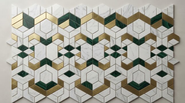 Luxurious geometric mosaic tile pattern featuring premium white marble, emerald green malachite, and brushed brass gold accents, perfect for elegant high-end bathroom backsplash design.