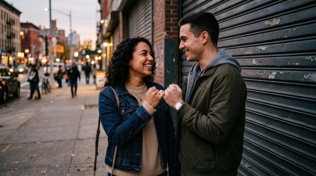A couple on an urban sidewalk intertwining their pinky fingers and smiling at each other, soft city ambient light, garage door backdrop, sincere and romantic loyalty moment atmosphere,