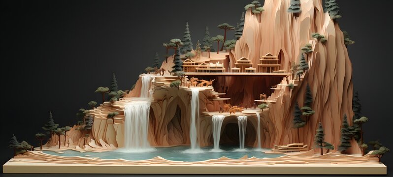 waterfall shaped matchstick carving ,generative AI
