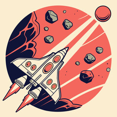 Futuristic space shuttle dodging asteroid field. © Sirajum