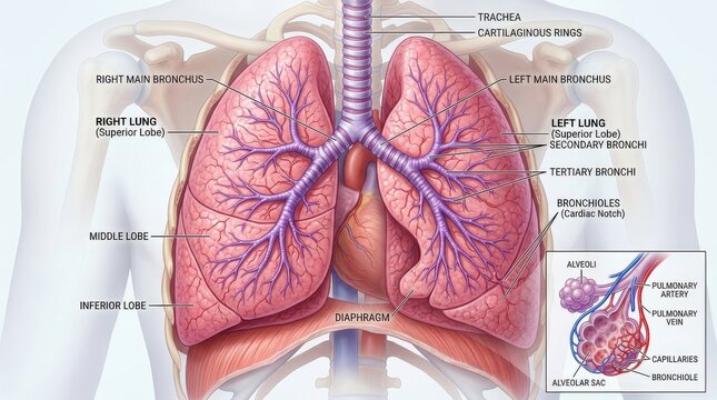 Detailed pink human lungs with branching purple bronchi, trachea and alveoli, lifelike anatomical structure and vivid medical-science clarity, ultra-realistic, no logos.