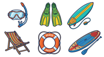 Colorful summer beach equipment illustrations with snorkeling gear and surfboards © colorshapppy