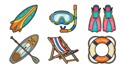 Colorful beach and water sports equipment icons set © colorshapppy