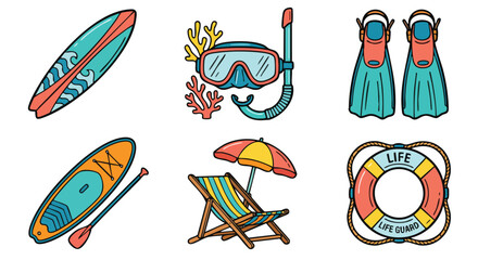 Colorful Summer Beach Icons Set with Surfboard and Snorkeling Gear © colorshapppy