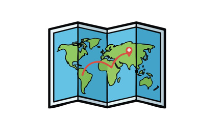 Fototapeta premium Folded world map with travel route marked by red line