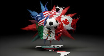 Obraz premium Soccer Ball with USA Canada and Mexico Flags and Paint Splashes