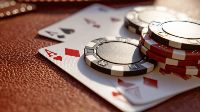 Stacked poker chips resting on aces cards on a textured table surface representing casino gambling and betting excitement in warm lighting