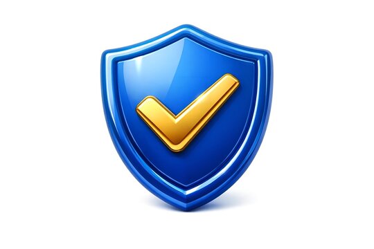 Glossy blue shield with gold checkmark for security and trust
