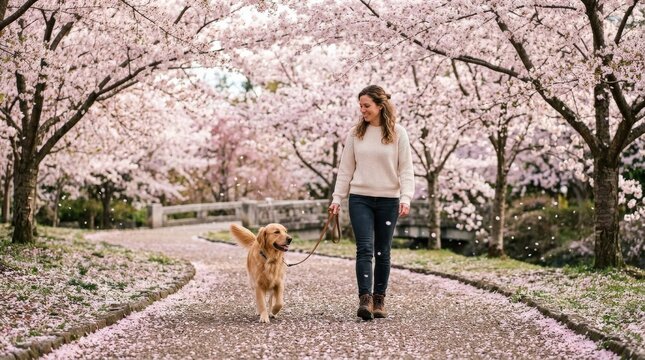 A peaceful walk with a loyal dog through cherry blossom-covered park paths, drifting petals, soft sunlight and a tranquil spring atmosphere, ultra-realistic, no logos.