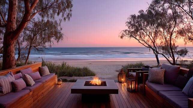Luxury Patio with Fire Pit and Sunset Horizon