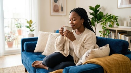 Obraz premium A Black woman on a stylish blue sofa savoring a warm coffee cup with eyes half-closed, bright studio backdrop, relaxed and indulgent solo wellness break atmosphere, ultra-realistic, no logos.