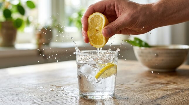 Squeezing lemon into drinking water, close-up of fresh citrus, splashing droplets and clear glass, bright refreshing natural light, ultra-realistic, no logos.