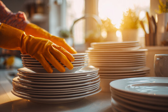 Person wearing yellow rubber gloves stacking clean white plates on kitchen counter with sunlight streaming through window in the background