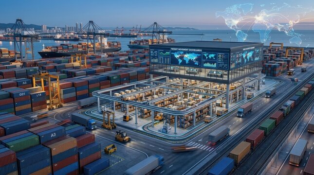 A global logistics hub with stacked cargo containers, smart warehouse systems, freight movement dashboards and transport routes spanning continents, metallic textures and efficient industrial order,
