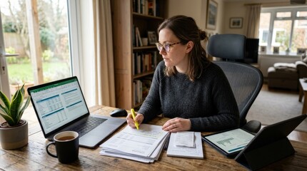 Obraz premium A woman working remotely at home, checking financial records across a laptop and tablet, audit notes neatly arranged, natural window light and a focused careful review mood, ultra-realistic, no logos.